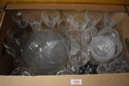 A Raven's glass desert set, five cut glass desert bowls, a selection of cut glass display items