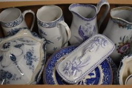 A collection of blue and white ware including tureens, jugs and plates etc, Some AF.