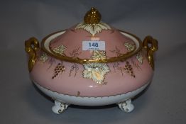 A modern Royal Crown Derby lidded tureen having pink, white and gilt design with grape vine