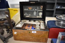 A fine Victorian vanity travel case having a well fitted interior with various glass and silver