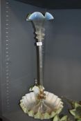 A Victorian table centre glass epergne in a green and milk glass AF.