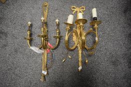 Two modern three branch heavy brass cast wall light fixtures.
