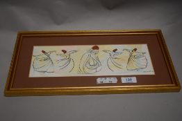 Mahinut ink on marbled paper, male Ottoman dancers, signed lower right and dated 02, within card