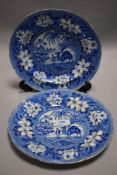 Two Pearlware plates, circa 1830, transfer printed with a camel and rider, pyramids beyond within
