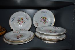 A set of five Victorian Royal Worcester porcelain dessert plates with two tazza's all hand decorated