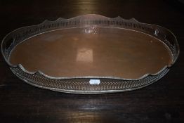 A large early 20th century silver plated butlers tray with pierced gallery.