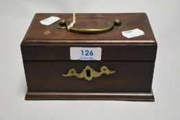 A Georgian tea caddy of small form having tin caddy boxes housed within a mahogany veneer oak case.