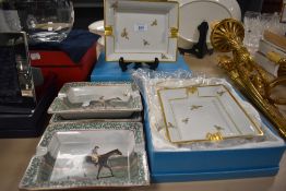 Five modern hand painted porcelain dishes including Bumble bee and Horse Racing.