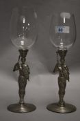 Two mid century styled wine glasses with pewter figure bases of Zulu warriors.