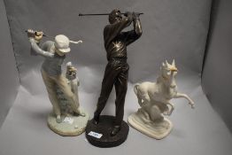 A David Cornell Unicorn animal study with two golf figures including Darnell and Lladro