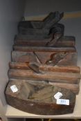 Seven early 20th century beech wood block and moulding planes,