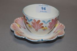 An Art Deco tea bowl and saucer from a Shelley pattern.