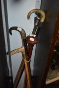 A HM silver cuffed walking stick horn handle a riding crop and a hard wood club.