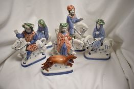 Six vintage Rye Pottery figure studies from the Canterbury tales The Guardsman, The Guardsmans Wife