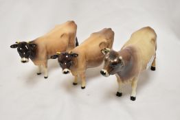 A Beswick Jersey bull Dunsley Coy Boy 1422 and two cows.