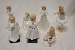 Seven Royal Doulton Figure studies including Across the Miles HN3934, Swet Dreams Hn3394, Little