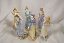 Six Royal Worcester Jane Austin Collection figurine studies including Catherine Morland, Lady Susan,