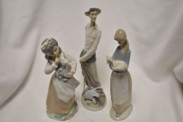 Three Lladro figure studies including Don Quixote and two girls with lambs.