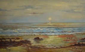 A 20th century Spanish oil on canvas, coastal scene at sunset, signed 'Rey' lower left, bearing V.