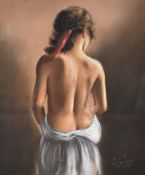 Rodrigo (Spanish contemporary) pastels, a semi nude female, signed lower right, within a washline