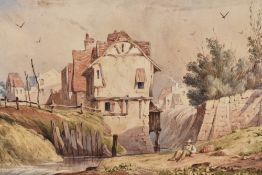 W.E.H (19th century unknown) watercolours, a figure resting beside a waterway and buildings,
