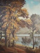 David Walsey (British 20th century)oil on canvas, autumnal woodland and river, signed, 90 x 70cm,