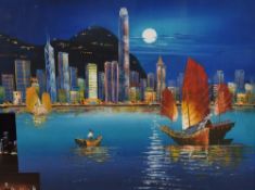 A contemporary polychrome oil on canvas, a view from the water of Hong Kong at night, mounted framed
