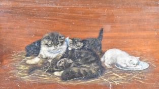An oil painting on mahogany panel, a depiction of a mother cat and kittens, one drinking milk from a