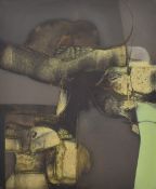 Artist unknown (mid 20th century) abstract oil on board with muted earthy tones, within a white