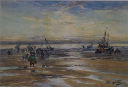 Thomas Swift Hutton (1865-1935) watercolours, coastal scene at sunrise with figures and boats on the