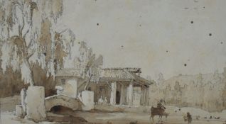 A 19th century pencil and watercolour sketch, a Continental rural dwelling with figures to the