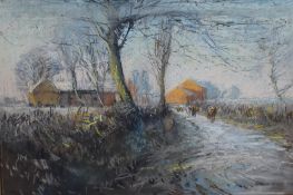 Albert Woods (1871-1944), pastels with contemporary feel, Cattle on a rural lane with farm buildings