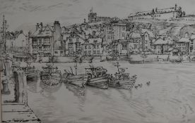Gordon E Cumming (British 20th century) ink and monochrome watercolour wash, entitled 'whitby
