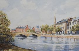 Cyril Pilgrim (British 1920-2013) watercolours, river scene with bridge, Swan Hotel and church