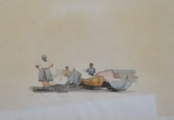 An attractive mid-century ink and watercolour wash, entitled 'St Tropez' a depiction of moored