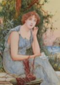 Oliver Rhys (British 1854-1907) watercolour, seated classical maiden within a coastal garden