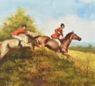 R King (20th century) oil on canvas, hunting scene with huntsmen and horses jumping, signed lower