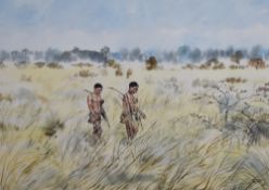 Newman Ndlovu (Zimbabwean contemporary) watercolour, two indigenous Shona hunters tracking in