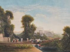 After John Cother Webb (1855-1927) coloured mezzotint engraving, figures in a Grecian landscape,