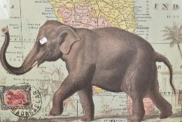 A decorative modern colour print, depicting an elephant superimposed over a map of India, framed and