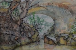 Gordon E Cumming (British 20th century) ink and watercolour wash, entitled 'Bridge and Stream near