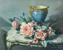 After Vernon Ward (British 1905-1985) a coloured print, still life study of roses on a marble topped