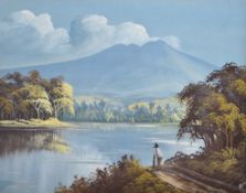 A 20th century oil on canvas, Lakeland scene with lone figure, mounted framed and glazed 32cm x 41cm