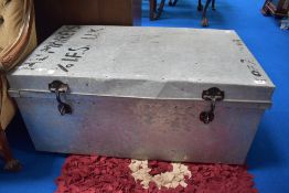 A vintage metal travel or similar trunk, stamped Nippon Steel, Japan