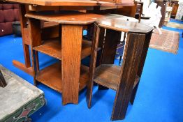 Two similar Art Deco style side tables with shelves.