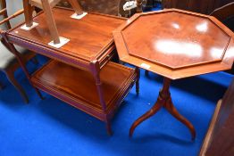A 20th century Yew wood haxagonal wine table with a Yew wood drinks and cocktail trolley.