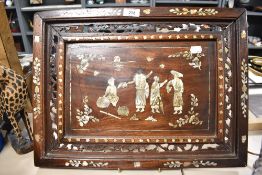 An Eastern/Chinese carved pierced and Mother-of-Pearl inlaid tray, decorated with figures and