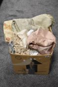 A large box of mixed vintage and retro table linen and similar.