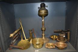A selection of mixed brass wares, to include 19th century fat skimmer, candlesticks, ladle,