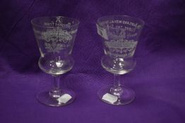A pair of early 20th century Scottish etched thistle form glasses, acid etched 'A Present from